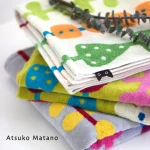 My Cat's Diary bath Towel - 3 different colours, folded view with brand name Atsuko Matano