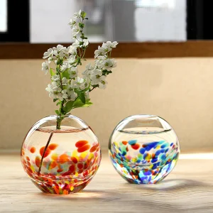 Tsugaru Vidro津輕玻璃球形花插 紅色和藍色