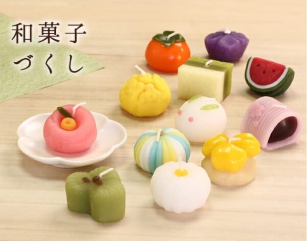 季節和菓子造型蠟燭禮盒 – 12 種造型陳列於枱面非常可愛