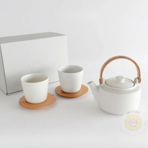 SALIU 祥SYO 美濃燒手工茶壺 茶杯連木杯墊 5件套裝 - 白色