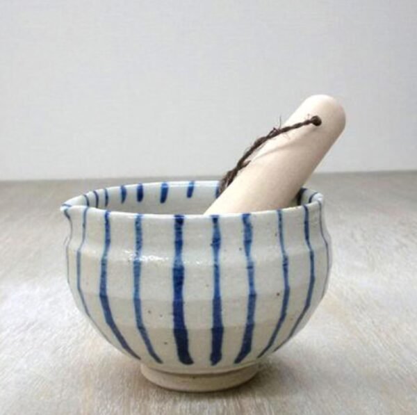 美濃燒研缽與磨杵套裝 藍色條紋