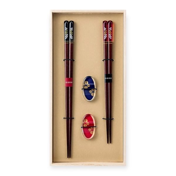 Issou 一雙櫻花若狹塗夫婦對筷連托架套裝禮盒