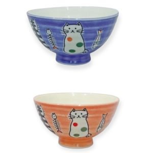 日本製貓咪茶碗筷子對裝-藍色碗與粉紅色碗