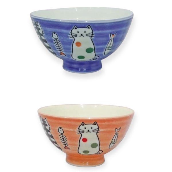 日本製貓咪茶碗筷子對裝-藍色碗與粉紅色碗