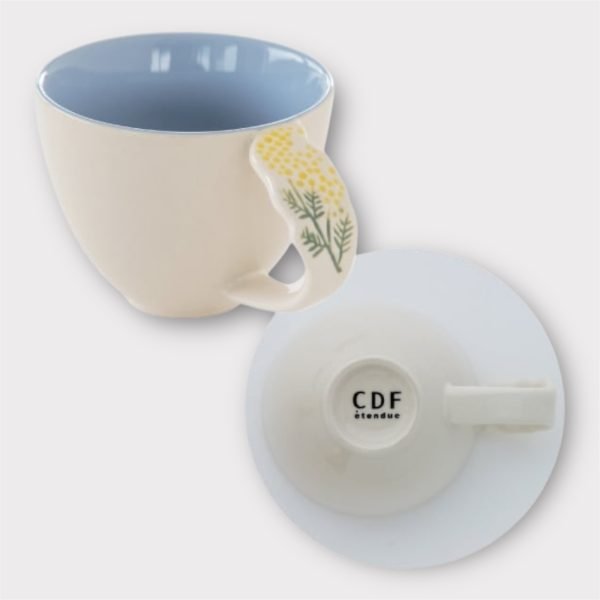 浮雕花朵手柄陶瓷杯子 - 藍色含羞草款