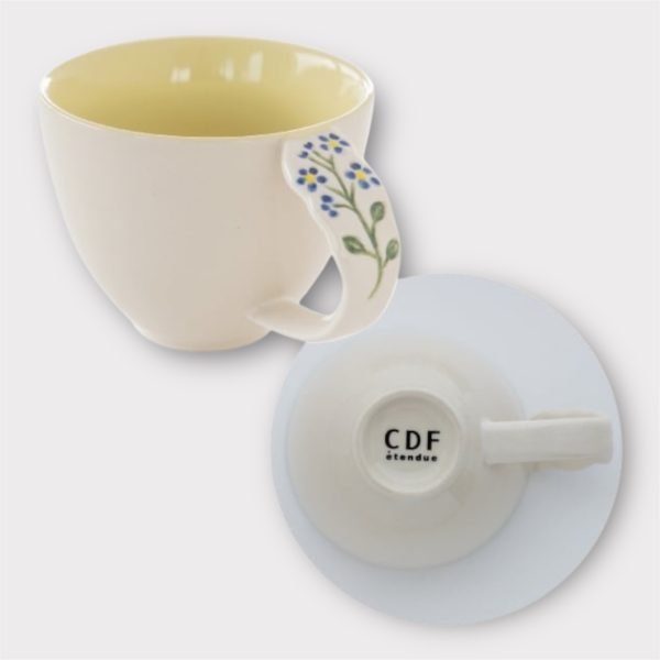 浮雕花朵手柄陶瓷杯子 - 黃色藍星花款