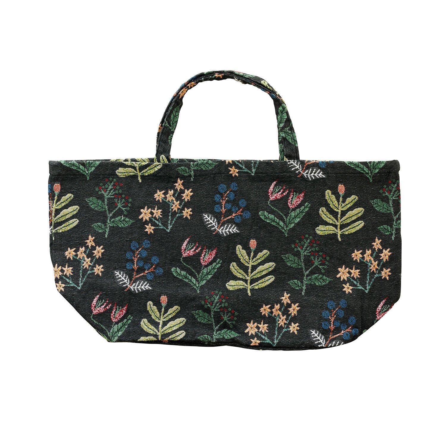 展示Miyuki 松尾黑色花朵大袋的正面視圖，背景為白色，清晰顯示袋子的黑色花朵圖案和設計細節. A front view of the &quot;Miyuki 松尾黑色花朵大袋&quot; on a white background, clearly showing the black floral pattern and design details.