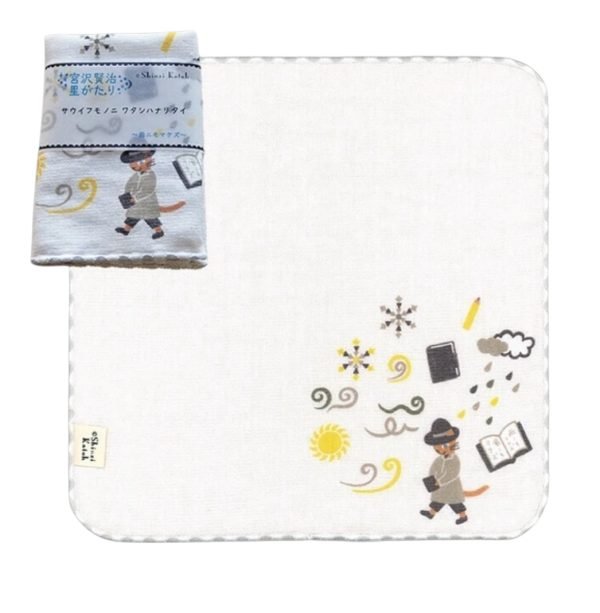 包含Rain Nimo Markez圖案的毛巾正面視角，左上角有小圖展示其包裝. A front view of the towel featuring the Rain Nimo Markez pattern, with a small picture in the upper left corner showing its packaging.