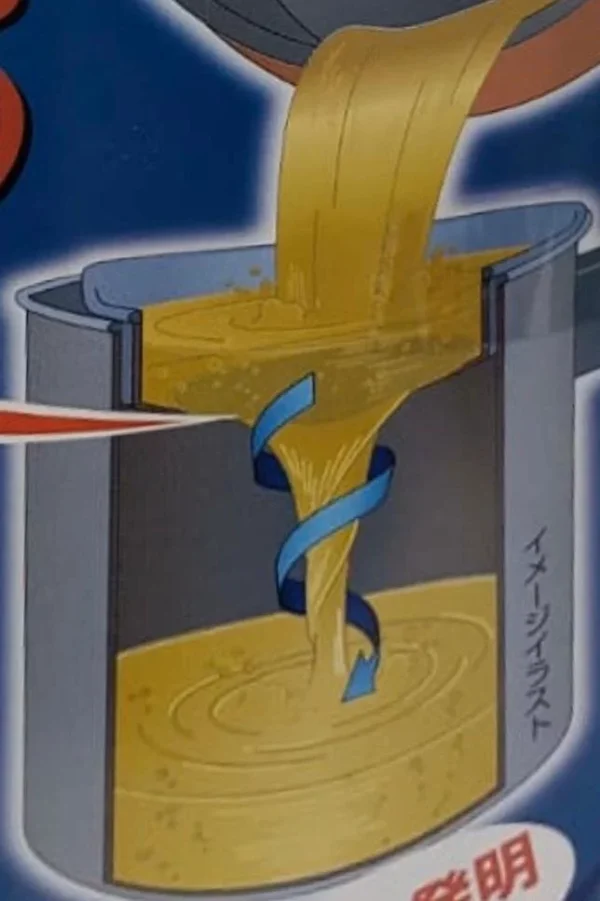 顯示油液流經上方過濾器，然後流入日本竹原隔油壺. Shows oil flowing through the strainer at the top before entering the Japanese Takehara Oil Pot.