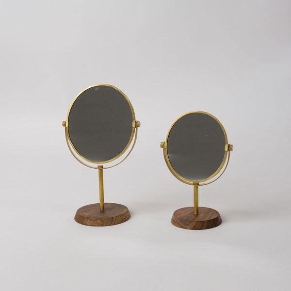 shesay 黃銅紫檀木座枱鏡兩個大、小不同尺寸鏡子平排而放