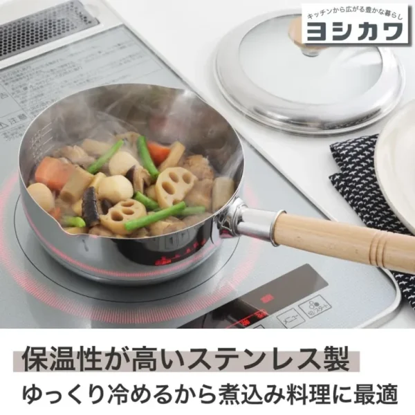 日本製 吉川 帶蓋不鏽鋼單柄鍋 18CM放在電磁爐，主菜的場景圖