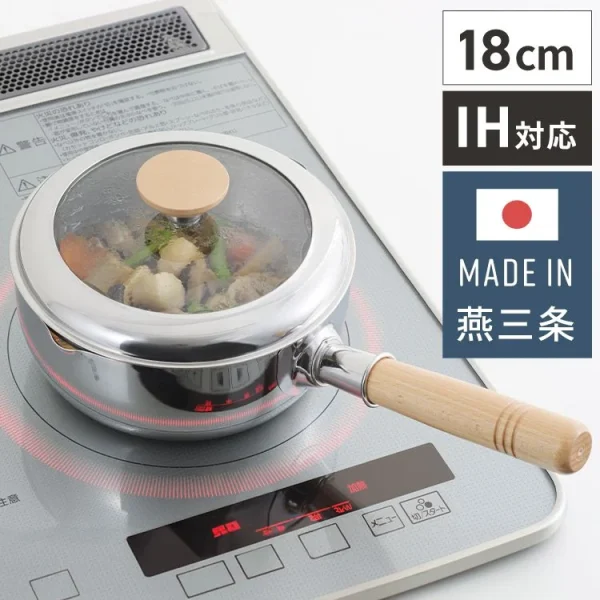 日本製 吉川 帶蓋不鏽鋼單柄鍋 18CM 放在煮食爐上