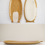 Yoshizawa 吉澤窯益子燒松鼠長碟2個碟直立，一個横放的側面圖合併圖片