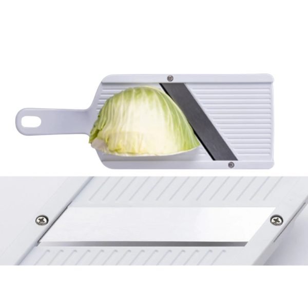 Front view of the SUNCRAFT ultra-thin slicer with cabbage in front, alongside a close-up of the cutter 正面放着椰菜及下面展示其圖片的合併圖