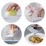 Four combined pictures showing how to slice onion, cheese, red beets, and mushrooms with a slicer