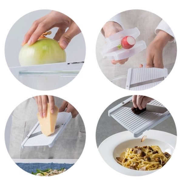 Four combined pictures showing how to slice onion, cheese, red beets, and mushrooms with a slicer