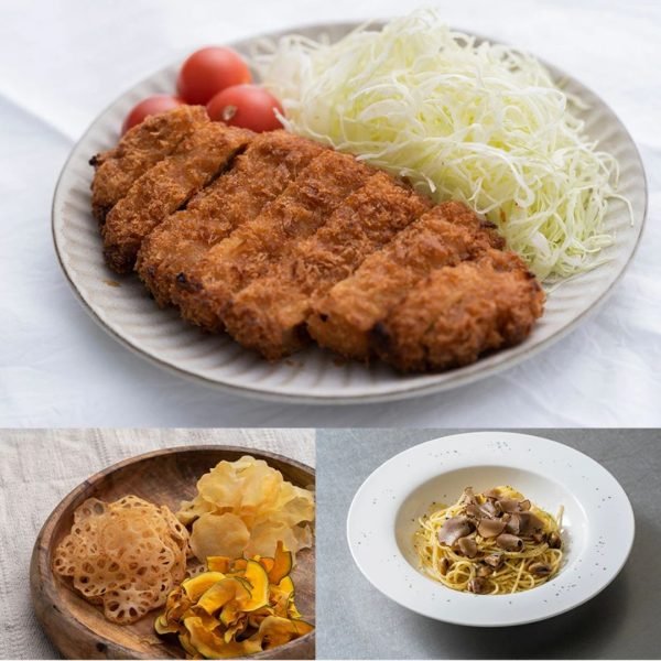 Three combined pictures showing sliced vegetables presented on different dishes.