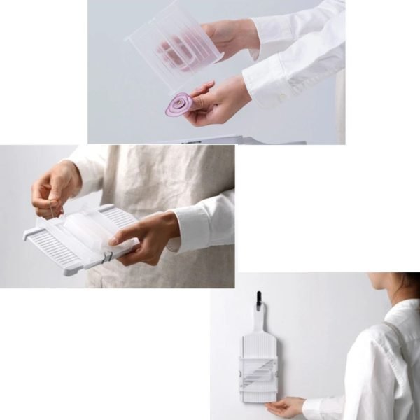 Three combined pictures showing the parts of the SUNCRAFT ultra-thin slicer and how it hangs on the wall.