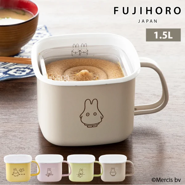 FUJIHORO MIFFY 粉彩系列四方琺瑯罐 - 1.5L灰啡色款裝着味噌，圖的底部有四種不同顏色的產品的小圖片，圖的右上角有FUJIHORO JAPAN 及 1.5L 的字眼
