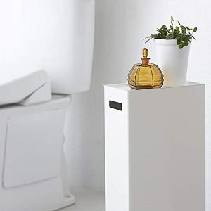 日本 TOWER 廁紙收納箱放着廁紙的內部俯視圖放在洗手間的場景圖，架上放着一盤小盆栽