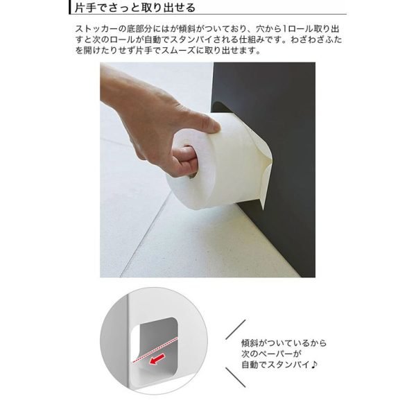 用手從黑色的日本 TOWER 廁紙收納箱旁邊的孔拿出一卷廁紙