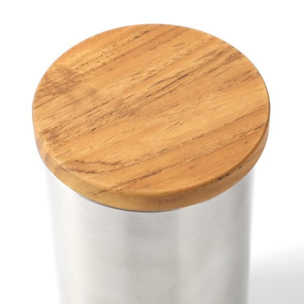 日本製 高桑金属不鏽鋼真空咖啡豆罐 size L 220g 蓋上木蓋子的俯視圖