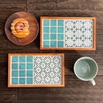 日本製SATOMIMI 咖啡托盤其中銀行與緊款放在木枱上的俯視圖，旁邊旁邊的碟子放着甜品有一個放在甜品的碟子有一個有一個碟子放着甜品放着甜品的碟子放着甜品的與一個空的咖啡杯與一個空的咖啡杯