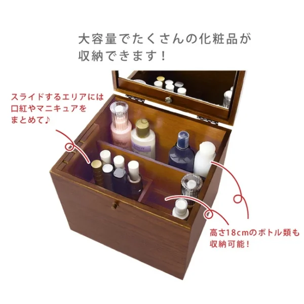 日本製 茶谷産業木製化裝箱 橫長方鏡款蓋子打開顯示裏面放了不同尺寸的化妝及護膚品，並帶有日文介紹每一格內可以放的化妝品種類的簡介文字。
