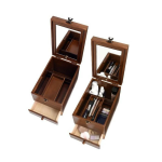 日本製 茶谷産業木製化裝箱直長方鏡款的白色背景俯視圖，圖片上有左右兩幅小圖，左邊是打開箱子裏面是空的，右邊是打開箱子裏面放了化妝品。