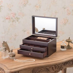 日本製 茶谷産業 首飾箱 二個櫃桶款打開鏡子拉出小抽屜放在木枱上