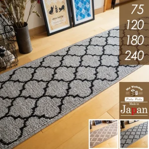 日本製 PAHU PAHU 防滑速乾地墊 摩洛哥圖案款的產品照片,右下角有二個不同顏色選項的產品的小圖片,圖上有尺寸、logo 及日本製造等字眼的合併圖。