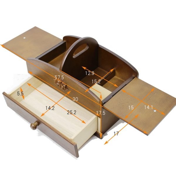 日本製 茶谷産業 木製兩層縫紉盒打開蓋子拉出抽屜後各部份的尺寸標示圖。