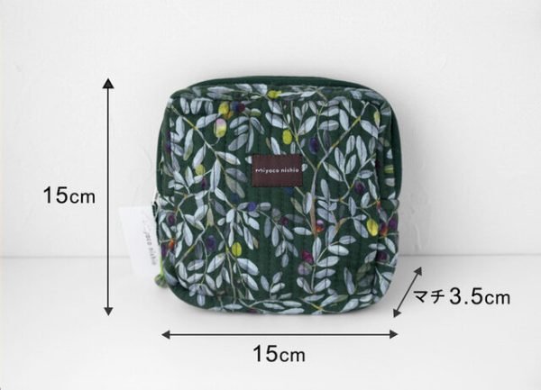 miyaco nishio 有機棉絎縫化妝包 –橄欖，白色背景連尺寸標示圖