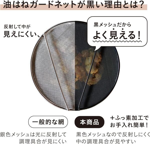 日本 CP JAPAN 手持式防油濺網與傳統的銀色網面相比，黑色設計能有效減少反光，讓您在烹調過程中更清楚地觀察食材的變化，提升掌控料理的能力的效果對比圖片