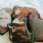 不同款式的松尾美由紀 貓咪造型抱枕放在一起的俯視圖