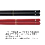 日本製 Tetote OSHIDORI 鴛鴦對筷兩對橫放的白色背景圖，底下有日文簡介寫着 "每件作品都是逐一繪製的，鴛鴦部分採用鑲嵌技術與貝殼相嵌"。 您可以感受到只有透過手工製作才能實現的獨特風味。