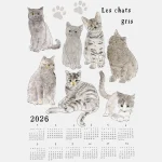 Fog Linen Work 2026 亞麻年曆布 - Gray Cats 白色背景全幅圖