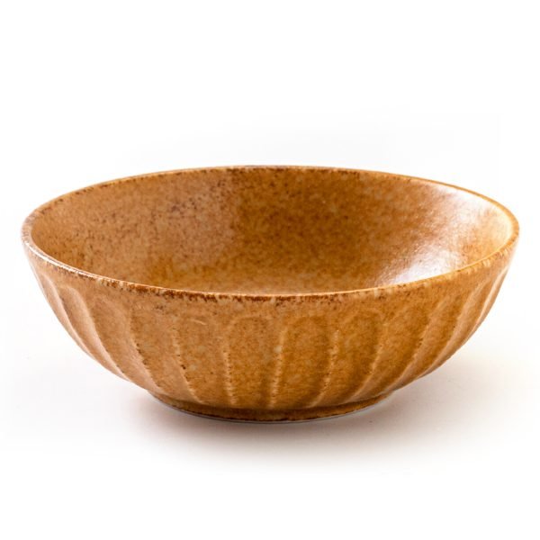 雙手捧着日本製 Tetote美濃燒中碗 栗色款的白色背景圖