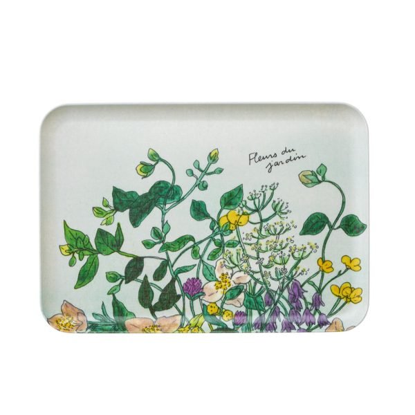 日本製 Isabelle Boinot 亞麻面長方形托盤 - Fleur Sauvage 款正面白色背景圖。