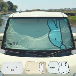 Miffy 汽車遮光傘 135×75cm 產品主圖, Peeping款放在車內前擋風玻璃使用展示