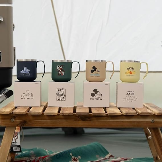 CAPTAIN STAG × Disney 不鏽鋼真空保溫杯-Winnie the Pooh(同系列 4 款並排展示,正面)