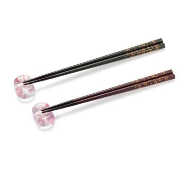 日本製造 津輕琉璃 x 若狹塗 櫻花托架連對筷禮盒（頂視圖）