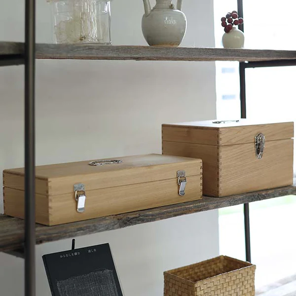 日本製 木製工具收納箱, 與同系列不同尺寸收納箱置於層架展示