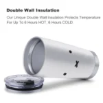 雙層真空保溫保冷文字介紹圖，下方展示 Miffy 米飛兔不鏽鋼附蓋保溫保冷杯（600ml）白色, 掀蓋開啟狀態的產品照片