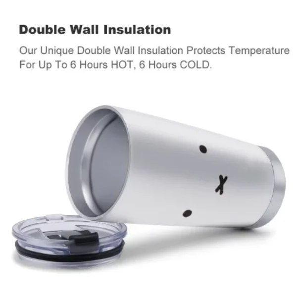 雙層真空保溫保冷文字介紹圖，下方展示 Miffy 米飛兔不鏽鋼附蓋保溫保冷杯（600ml）白色, 掀蓋開啟狀態的產品照片