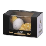 Miffy 熟睡公仔 7cm - 皇冠黃色圓點裙子款，放在包裝盒內展示