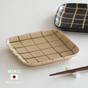 日本製 美濃燒格紋方形餐碟 17cm - 啡色