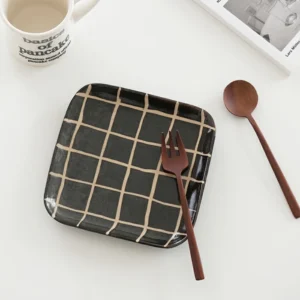 日本製 美濃燒格紋方形餐碟 17cm - 黑色