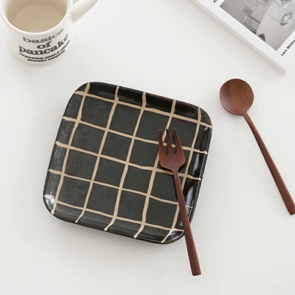 日本製 美濃燒格紋方形餐碟 17cm - 黑色