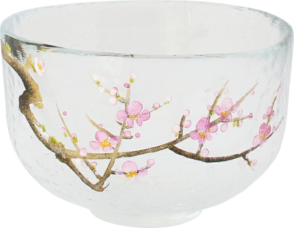 日本製 藍花 江戶硝子手繪花卉抹茶碗|梅